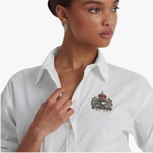 $250 Ralph Lauren Women's Classic-Fit Beaded-Crest Shirt Medium Oversized NWT - Picture 5 of 9